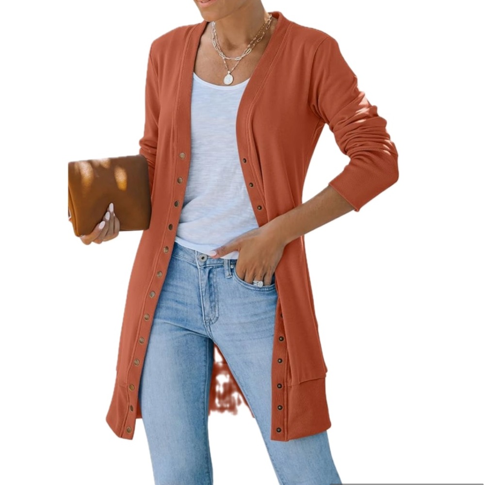 Amazon Merokeety Rust Orange Long Sleeve Snap Front Longer Length Cardigan